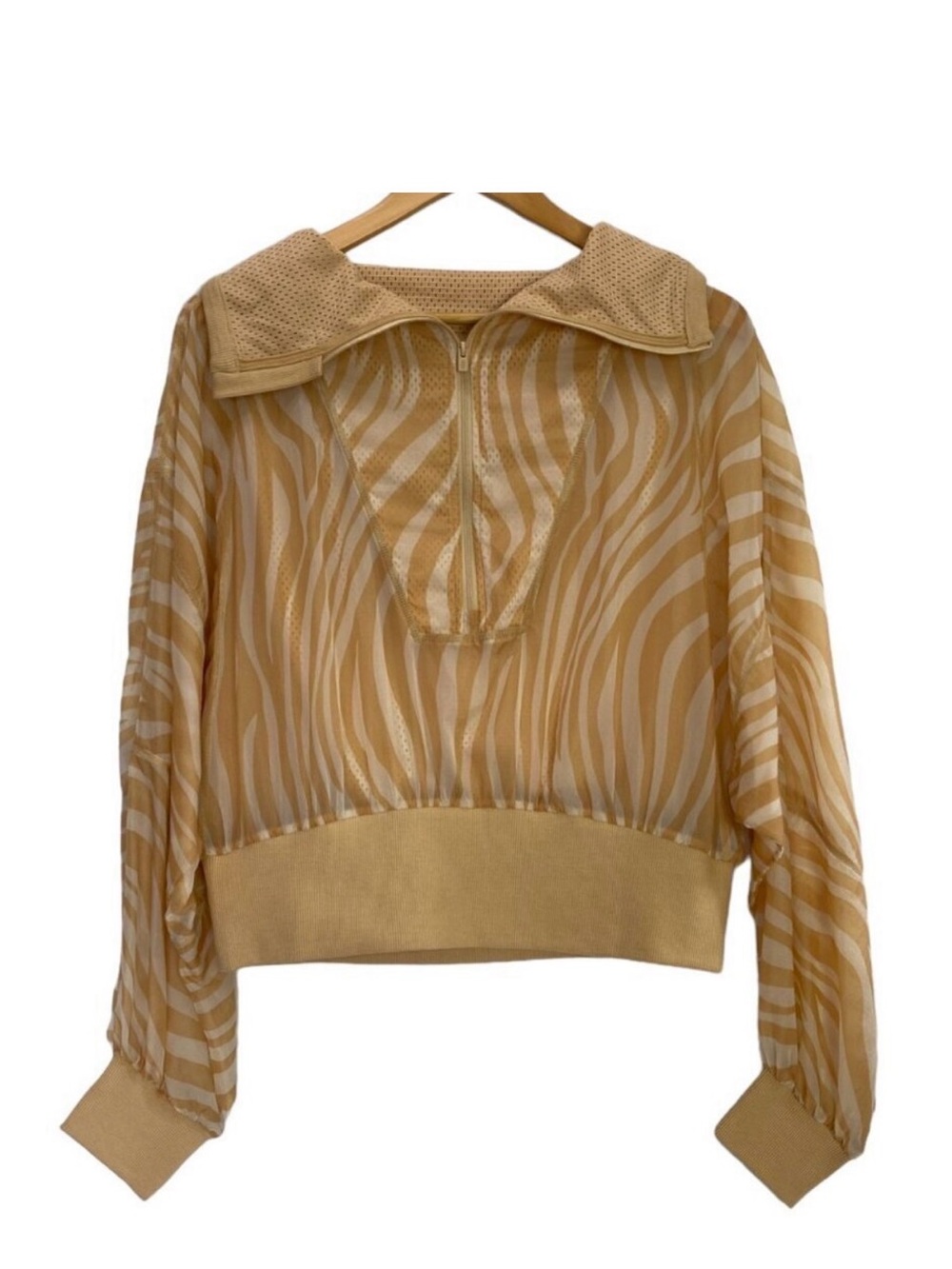 FP Movement by Free People Tan Zebra-Print Sheer Quarter-Zip Pullover